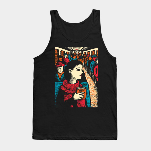 City Commuter | Woman on Subway Vintage Illustration Tank Top by TuncGK
