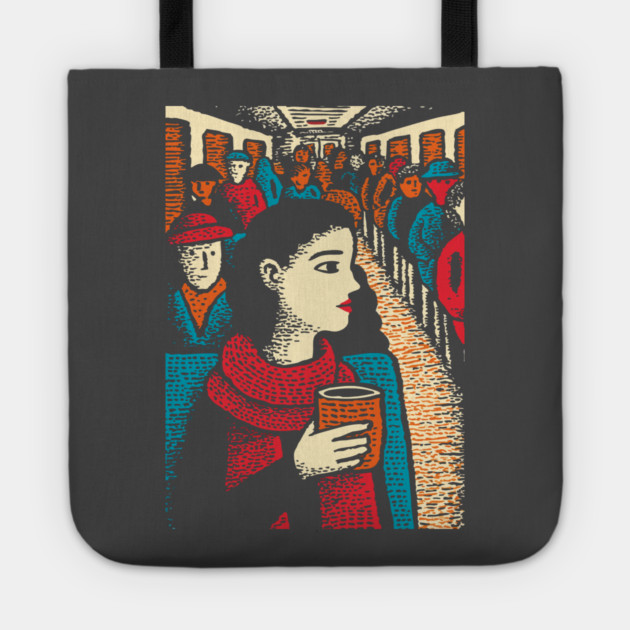 City Commuter | Woman on Subway Vintage Illustration Tote by TuncGK
