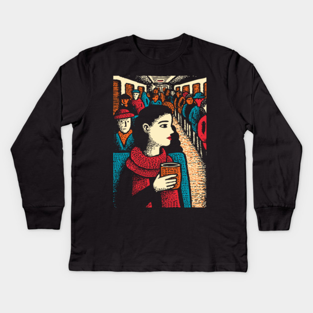 City Commuter | Woman on Subway Vintage Illustration Kids Long Sleeve T-Shirt by TuncGK