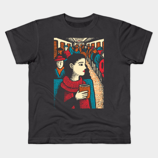 City Commuter | Woman on Subway Vintage Illustration Kids T-Shirt by TuncGK