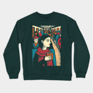 City Commuter | Woman on Subway Vintage Illustration Crewneck Sweatshirt