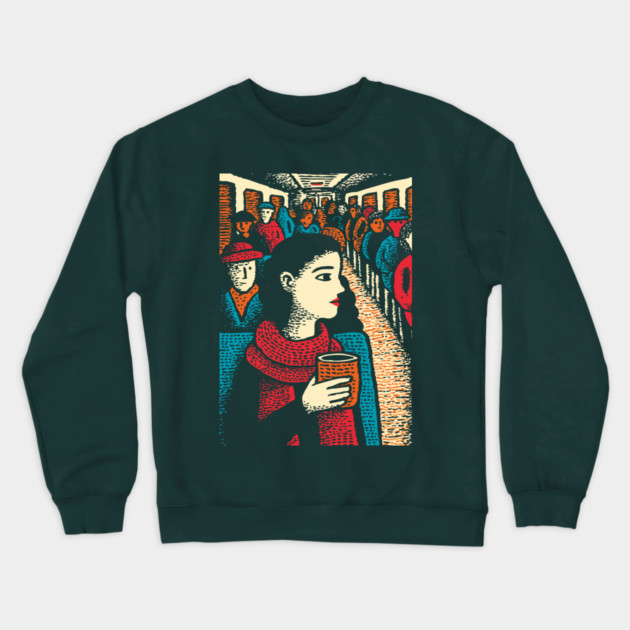 City Commuter | Woman on Subway Vintage Illustration Crewneck Sweatshirt by TuncGK