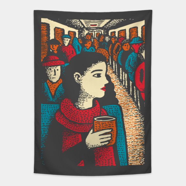 City Commuter | Woman on Subway Vintage Illustration Tapestry by TuncGK
