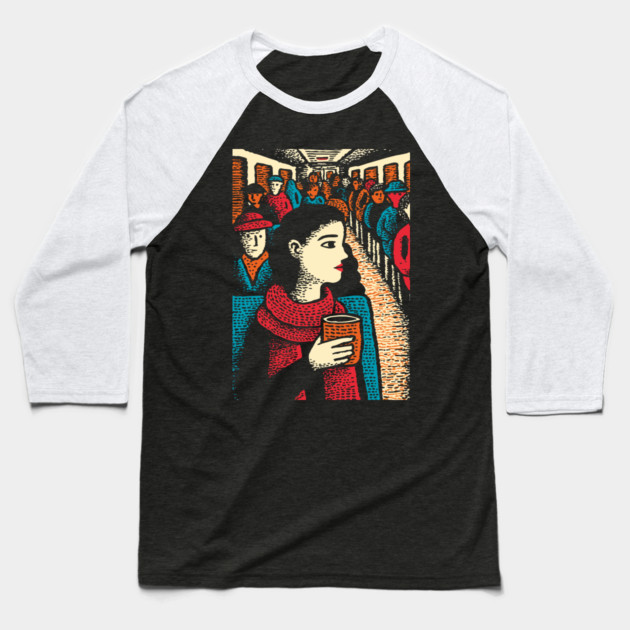 City Commuter | Woman on Subway Vintage Illustration Baseball T-Shirt by TuncGK