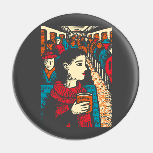 City Commuter | Woman on Subway Vintage Illustration Pin by TuncGK