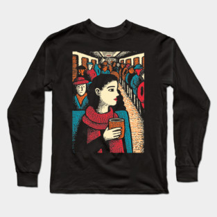 City Commuter | Woman on Subway Vintage Illustration Long Sleeve T-Shirt