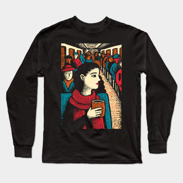 City Commuter | Woman on Subway Vintage Illustration Long Sleeve T-Shirt by TuncGK