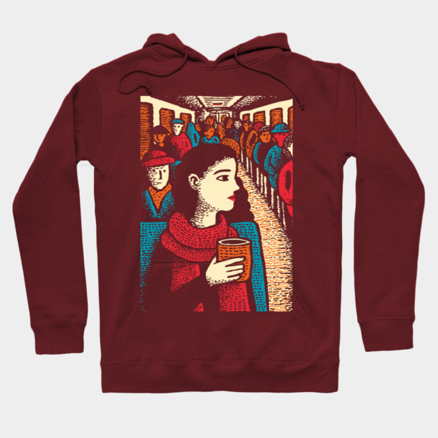 City Commuter | Woman on Subway Vintage Illustration Hoodie by TuncGK