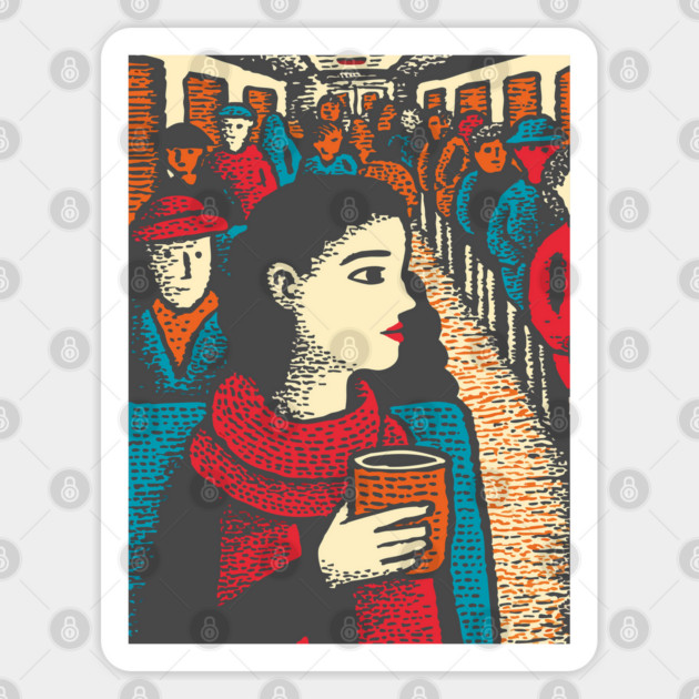 City Commuter | Woman on Subway Vintage Illustration Sticker by TuncGK