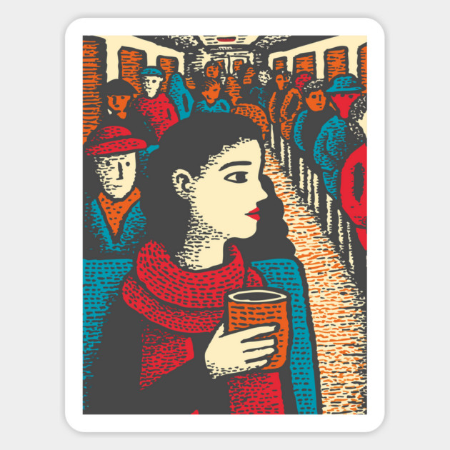 City Commuter | Woman on Subway Vintage Illustration Magnet by TuncGK