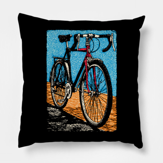 Retro Road Bike | Vintage Cycling Woodcut Art Pillow by TuncGK