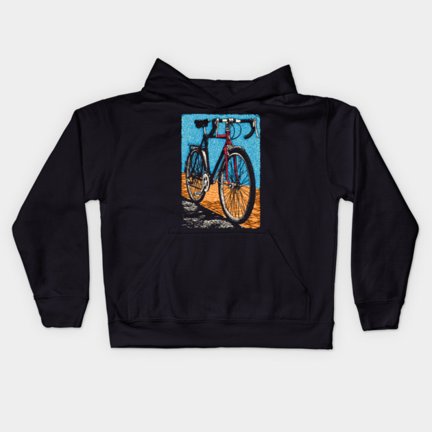 Retro Road Bike | Vintage Cycling Woodcut Art Kids Hoodie by TuncGK