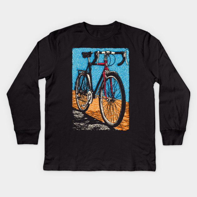 Retro Road Bike | Vintage Cycling Woodcut Art Kids Long Sleeve T-Shirt by TuncGK
