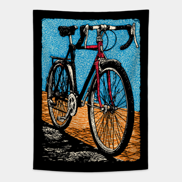 Retro Road Bike | Vintage Cycling Woodcut Art Tapestry by TuncGK