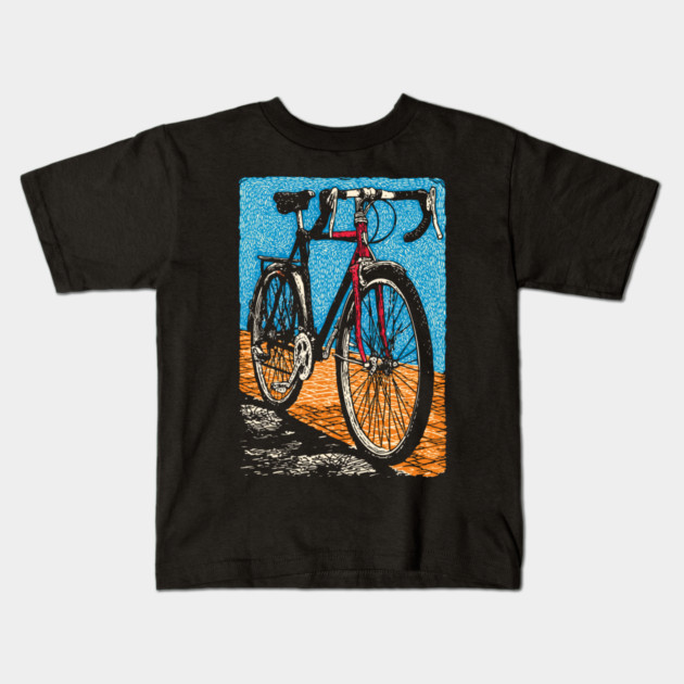 Retro Road Bike | Vintage Cycling Woodcut Art Kids T-Shirt by TuncGK