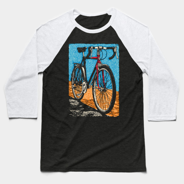 Retro Road Bike | Vintage Cycling Woodcut Art Baseball T-Shirt by TuncGK