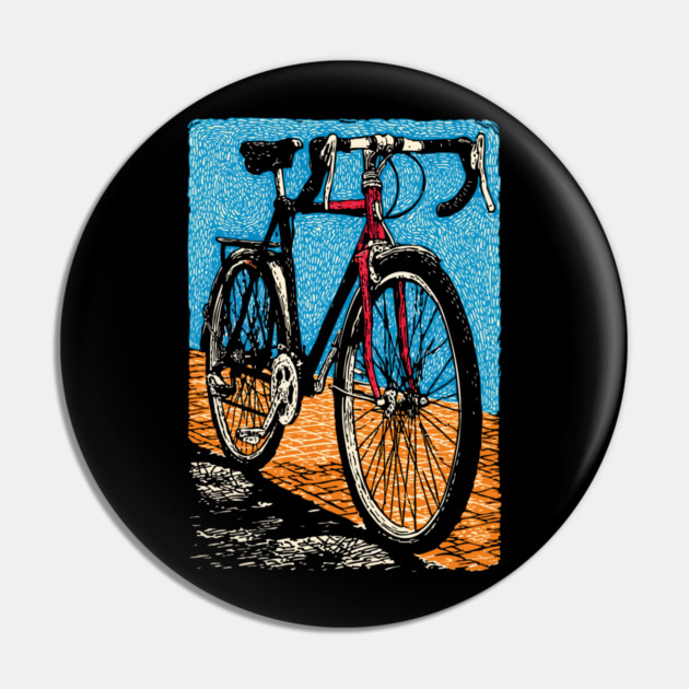 Retro Road Bike | Vintage Cycling Woodcut Art Pin by TuncGK