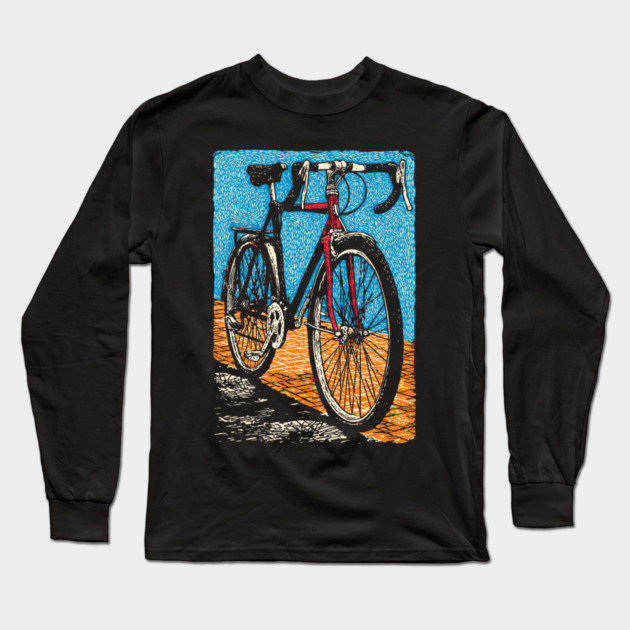 Retro Road Bike | Vintage Cycling Woodcut Art Long Sleeve T-Shirt by TuncGK