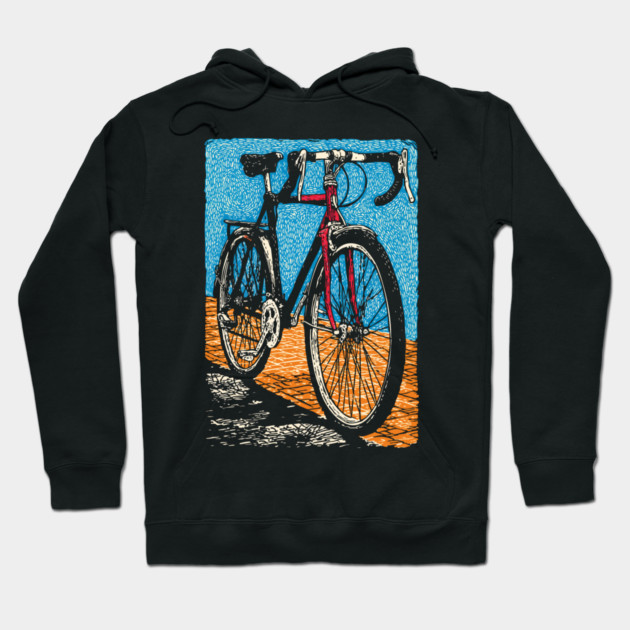 Retro Road Bike | Vintage Cycling Woodcut Art Hoodie by TuncGK
