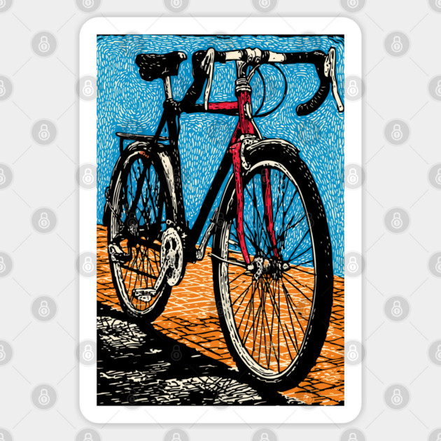 Retro Road Bike | Vintage Cycling Woodcut Art Sticker by TuncGK