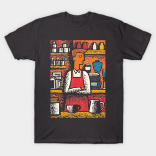 Retro Barista at Work | Coffee Shop Woodcut Art T-Shirt