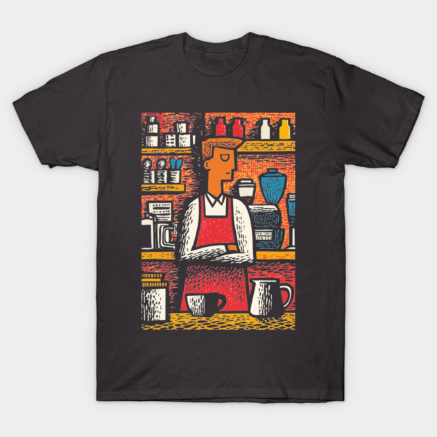 Retro Barista at Work | Coffee Shop Woodcut Art T-Shirt by TuncGK