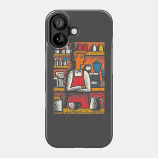 Retro Barista at Work | Coffee Shop Woodcut Art Phone Case