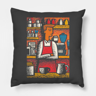 Retro Barista at Work | Coffee Shop Woodcut Art Pillow