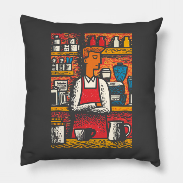 Retro Barista at Work | Coffee Shop Woodcut Art Pillow by TuncGK