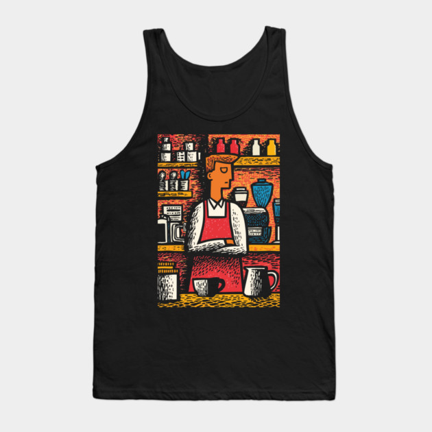 Retro Barista at Work | Coffee Shop Woodcut Art Tank Top by TuncGK