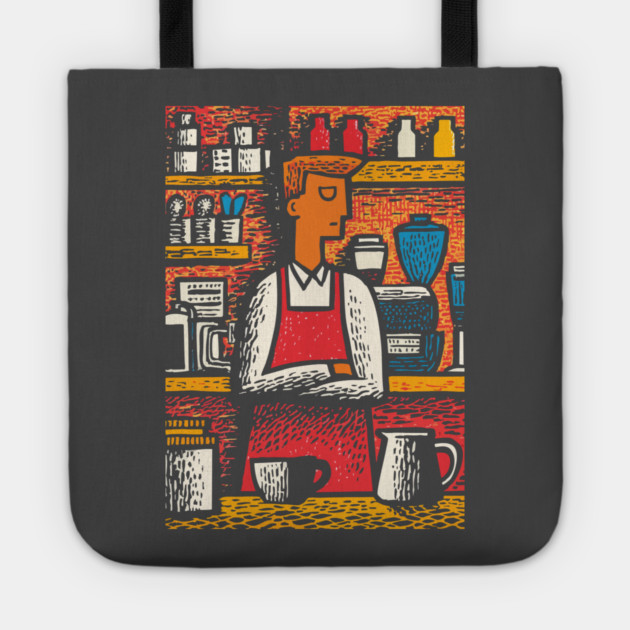 Retro Barista at Work | Coffee Shop Woodcut Art Tote by TuncGK