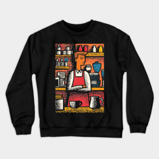 Retro Barista at Work | Coffee Shop Woodcut Art Crewneck Sweatshirt