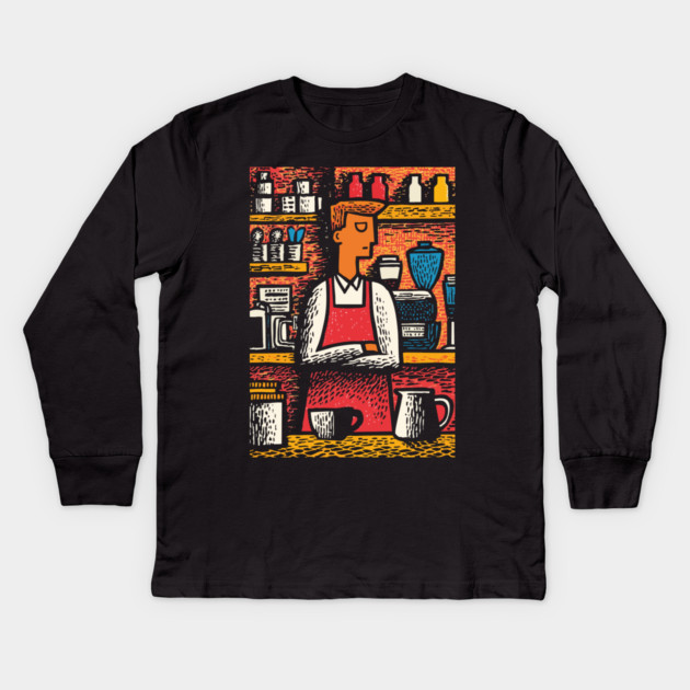 Retro Barista at Work | Coffee Shop Woodcut Art Kids Long Sleeve T-Shirt by TuncGK