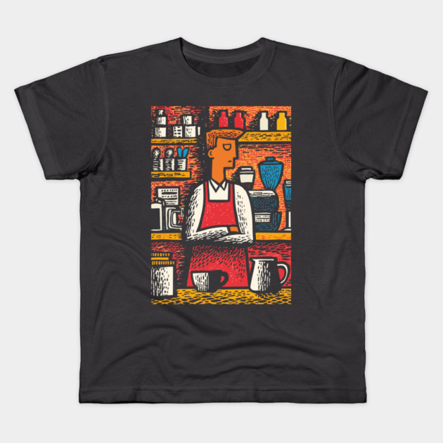 Retro Barista at Work | Coffee Shop Woodcut Art Kids T-Shirt by TuncGK