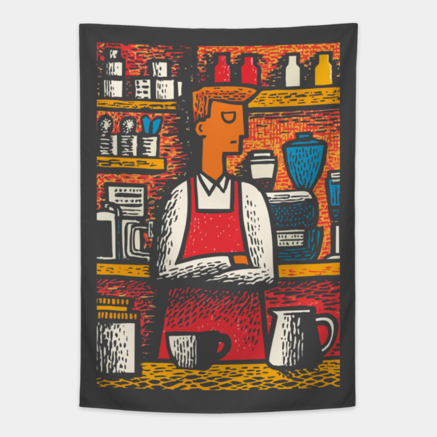 Retro Barista at Work | Coffee Shop Woodcut Art Tapestry by TuncGK