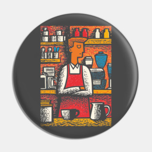 Retro Barista at Work | Coffee Shop Woodcut Art Pin