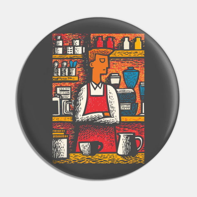 Retro Barista at Work | Coffee Shop Woodcut Art Pin by TuncGK