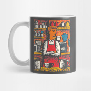 Retro Barista at Work | Coffee Shop Woodcut Art Mug