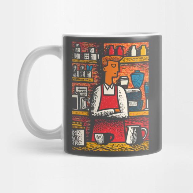 Retro Barista at Work | Coffee Shop Woodcut Art by TuncGK