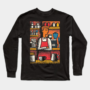 Retro Barista at Work | Coffee Shop Woodcut Art Long Sleeve T-Shirt