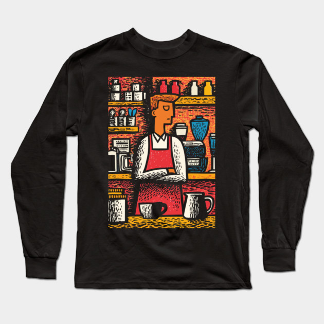 Retro Barista at Work | Coffee Shop Woodcut Art Long Sleeve T-Shirt by TuncGK