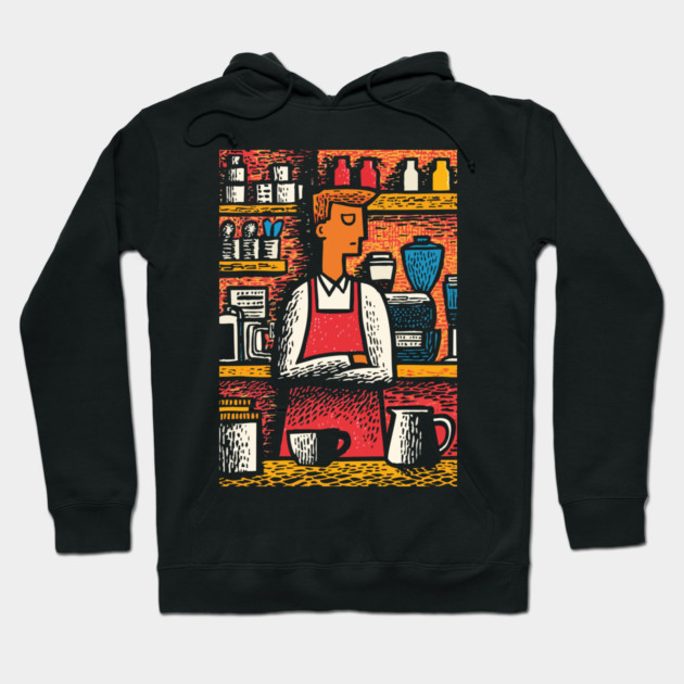 Retro Barista at Work | Coffee Shop Woodcut Art Hoodie by TuncGK
