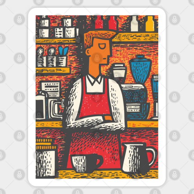 Retro Barista at Work | Coffee Shop Woodcut Art Sticker by TuncGK