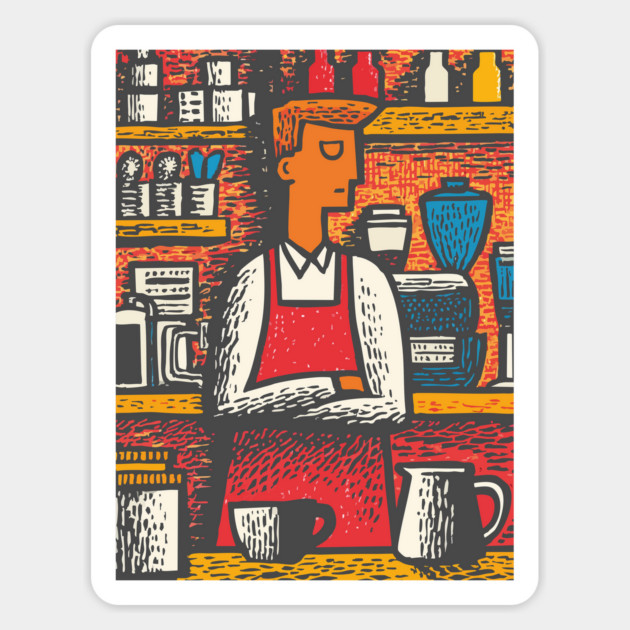 Retro Barista at Work | Coffee Shop Woodcut Art Magnet by TuncGK