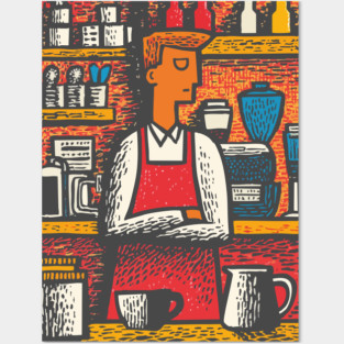 Retro Barista at Work | Coffee Shop Woodcut Art Posters and Art