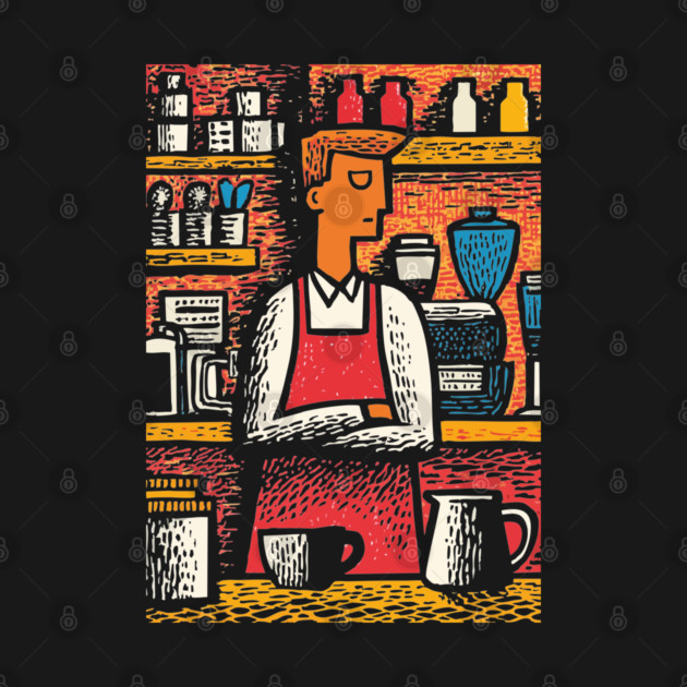 Retro Barista at Work | Coffee Shop Woodcut Art by TuncGK