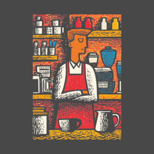 Retro Barista at Work | Coffee Shop Woodcut Art T-Shirt