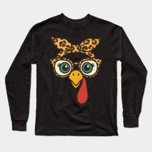Leopard Print Turkey Face Glasses Long Sleeve T-Shirt