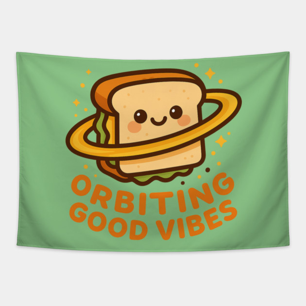 Orbiting Good Vibes – Cosmo Bites Kawaii Space Sandwich Design Tapestry by Anne Lee