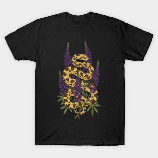 Bullsnake with Purple Lupines Illustration T-Shirt by BirdsnStuff